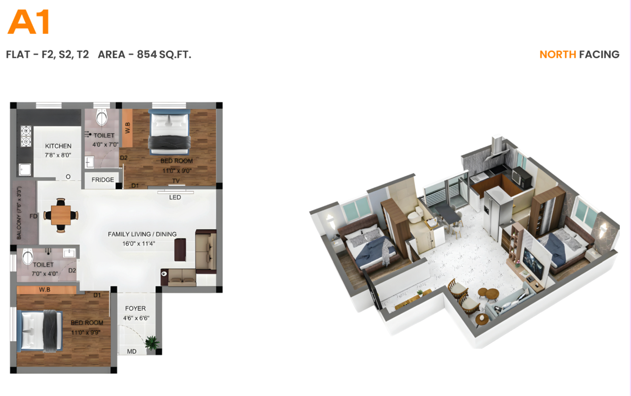 A1 North facing 854 sqft